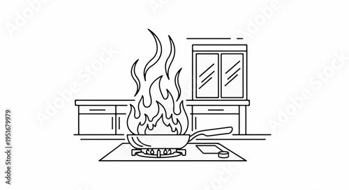 Kitchen fire in a frying pan on a gas stove with cabinets