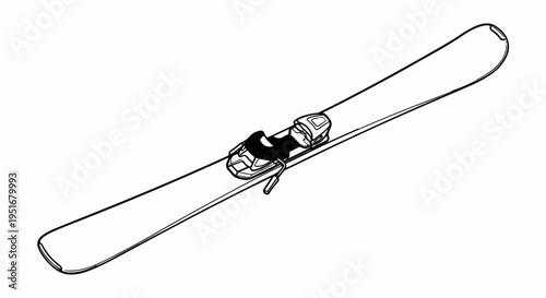 A stylized black and white illustration of a single ski with bindings