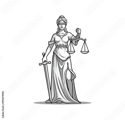 Hand-Drawn Retro Illustration of Blindfolded Lady Justice with Sword and Scales Classic Etching Style – Vintage Engraving art
