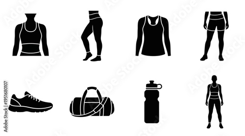 Fitness Icons Vector – Sportswear, Shoes, Gear, Hydration, Workout Essentials Graphic