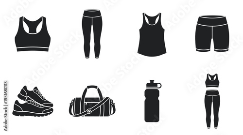 Fitness Icons Vector – Sportswear, Shoes, Gear, Hydration, Workout Essentials Graphic