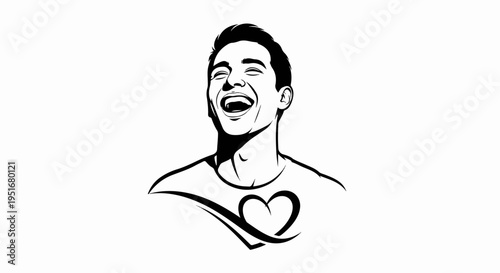 Black and white graphic illustration of a young man with a wide, joyful laugh