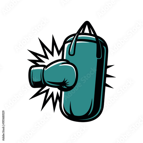 A cartoon boxing glove punching a teal punching bag with force