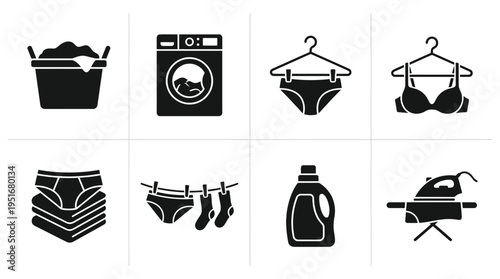 Laundry Icons Vector – Washing, Drying, Folding, Ironing, Clothing Care Graphic