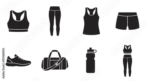Fitness Icons Vector – Sportswear, Shoes, Gear, Hydration, Workout Essentials Graphic