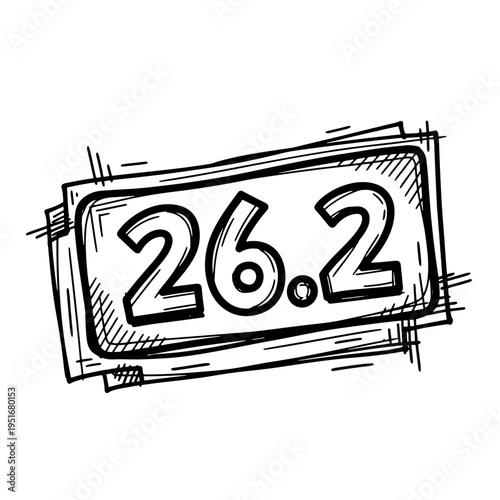 Marathon 26.2 miles race bib number hand drawn vector illustration running event badge endurance race distance symbol for marathon runners training competition sports design