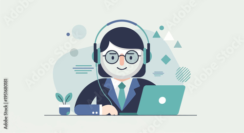 Flat design illustration of a person wearing headphones and glasses at a laptop