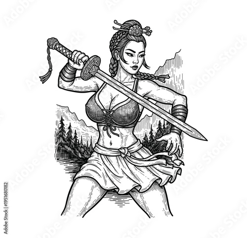 Hand-Drawn Retro Female Samurai Warrior with Katana Sword Woodcut Illustration – Vintage Engraving art