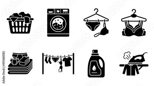 Laundry Icons Vector – Washing, Drying, Folding, Ironing, Clothing Care Graphic