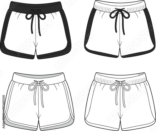 Women running shorts technical fashion illustration multiple views front and back, drawstring waistband design, sporty activewear apparel template, minimalist clothing mockup isolated