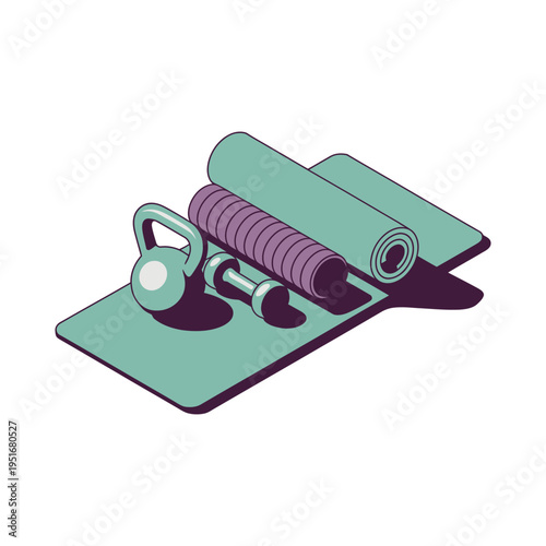 A fitness mat with a kettlebell and dumbbells for exercise