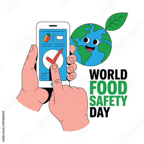 A hand holding a smartphone with a food shopping app on World Food Safety Day