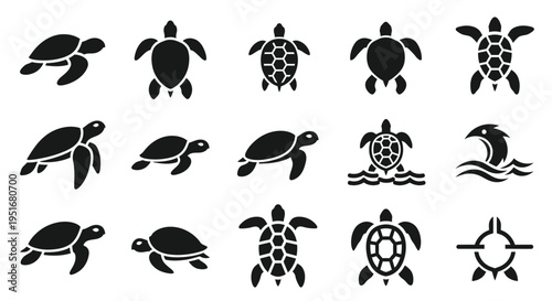 Sea turtle silhouettes and flat icons collection showing different swimming poses and shell patterns