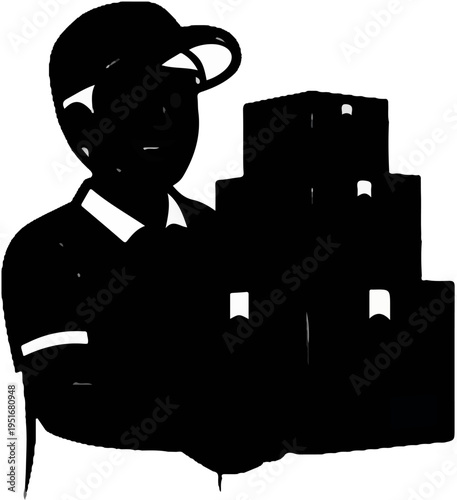 Delivery person in uniform carrying a stack of packages