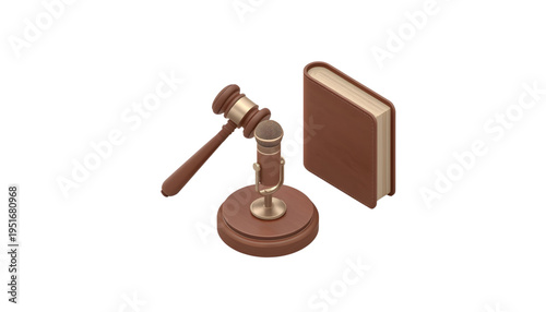 3d isometric legal icons set with wooden gavel, vintage microphone, and leather folder on white background for law, justice, and podcasting concepts
