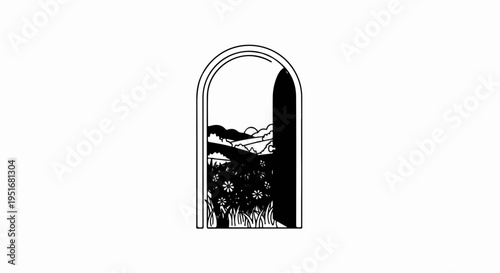 Archway opens to floral meadow and rolling hills under a cloudy sky