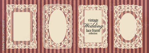 Vintage lace frame collection. Whimsical rectangular paper lace doilies in crochet style with floral decorative borders. Whimsical botanical silhouettes, squiggle shapes for wedding invitations.