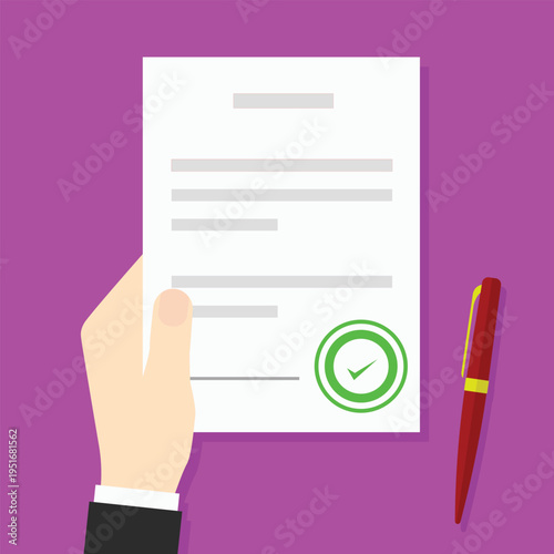 Professional hand presenting an officially approved business document with a green checkmark, symbolizing agreement completion or successful validation