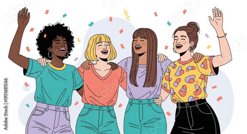 Diverse group of young women celebrating together with confetti.