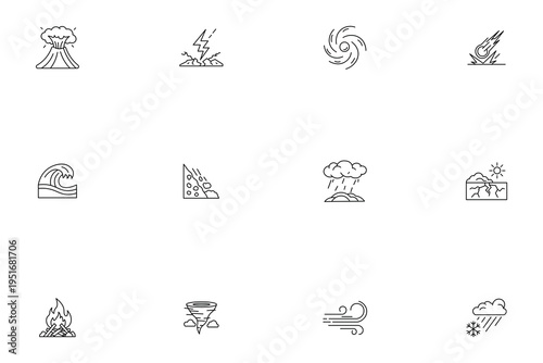 Natural disasters and extreme weather line icons set with volcano earthquake tsunami and tornado symbols