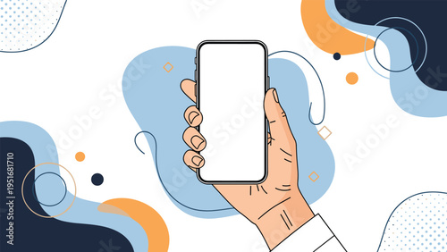 Human hand holding a smartphone with a blank white screen over an abstract background of blue and orange blobs.