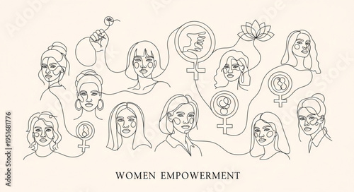 Diverse women faces illustration connected by lines symbolizing unity and strength.