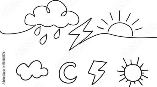 Hand-drawn continuous line weather icons featuring sun, rain, moon, and lightning.