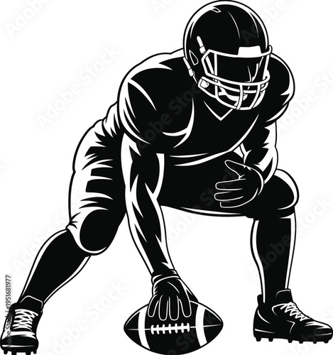 American football player in action, crouching position, ready for kickoff or play
