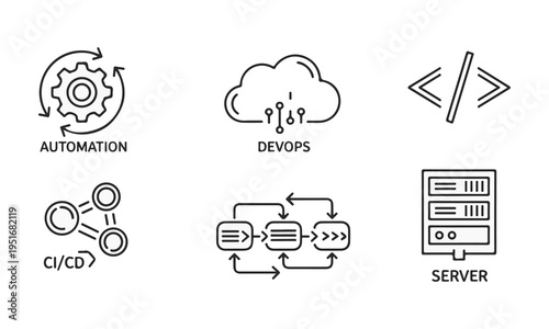 Software development and devops automation icons including cloud server and coding symbols