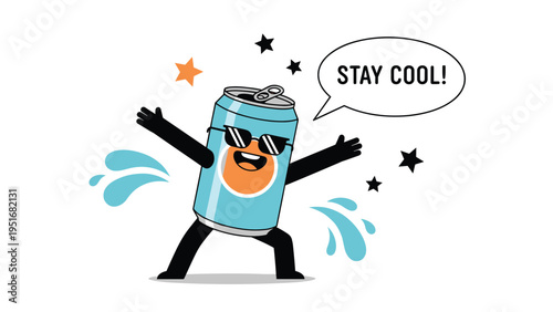 Cute cartoon soda can character wearing sunglasses and saying stay cool with a friendly speech bubble on a plain white background.