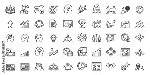 50 Meeting outline icons for teamwork collaboration, webinar videocall, agenda planning, networking, handshake, chat communication, coaching line set vector. Set of advice, consultant, suggestion icon