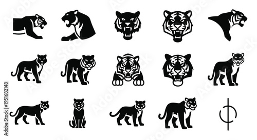 Set of tiger icons in various poses and styles for design