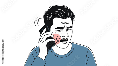 Man suffers from a severe toothache while talking on his smartphone to make an emergency appointment with his local dentist.