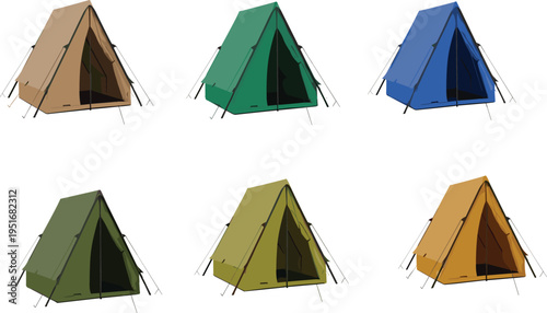 Camping tent set vector illustration outdoor adventure equipment collection colorful travel shelter design camping gear clipart isolated bundle pack