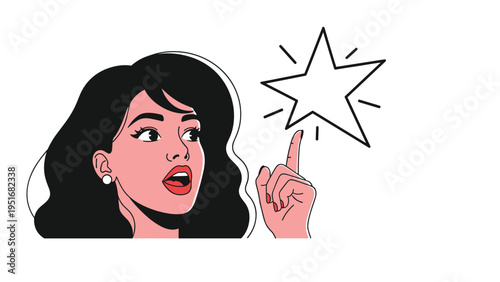 Surprised woman in a pop art style looking up and pointing at a large star with a white background behind her.
