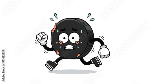 Anxious cartoon hockey puck character wearing ice skates runs quickly to avoid being hit during a fast paced sports match.