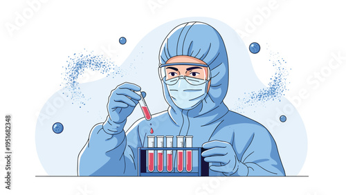 Lab technician in a full hazmat suit carefully drops blood into test tubes during a clinical research experiment in a laboratory.