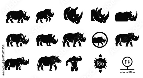 Rhino icons black flat style collection wild african animal cartoon illustration vector silhouette graphic