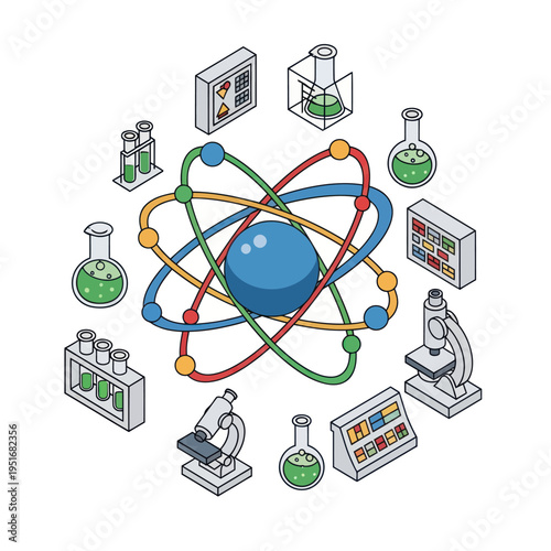 Atom Model Surrounded by Laboratory Equipment.