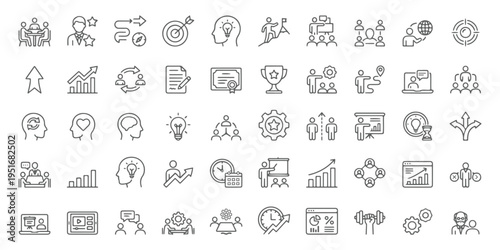 Business Growth and Coaching Line Icons Set of 50 KPI Dashboard, Leadership, Strategy and Productivity Outline Symbols. Performance Tracking and Growth Strategy Outline Pack. Personal development icon