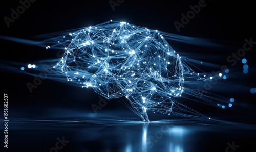 Artificial Intelligence Brain Network: Futuristic Neural Connection Graphic with Glowing Nodes and Dark Blue Background