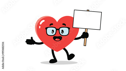 Intellectual red heart character wearing glasses holds a blank white sign for educational or romantic messages on a white background.