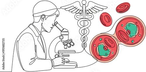 Scientist examining blood cells under a microscope with medical symbol