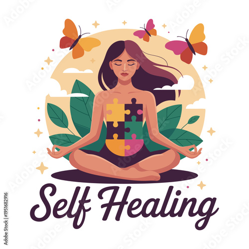 A serene woman meditating in a peaceful natural setting for self healing