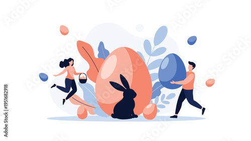 Happy people celebrating easter by carrying giant colorful eggs and a bunny silhouette among festive floral elements.