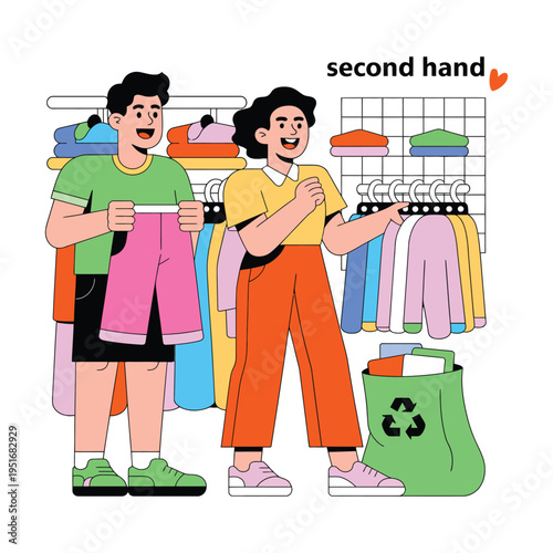 Two people shopping for second-hand clothing with a recycling bag