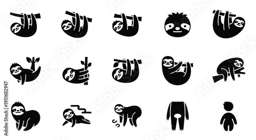 Black and white sloth silhouettes and vector icons showing various natural behaviors and movements