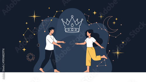 Romantic couple reaching for each other under golden crown and night sky with constellations and moon.