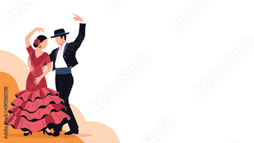 Man and woman wearing traditional Spanish flamenco outfits dancing together on a white background with abstract shapes.