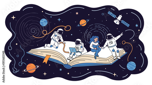 Astronauts and a young girl reading and learning on a giant open book floating in a dark outer space galaxy background.